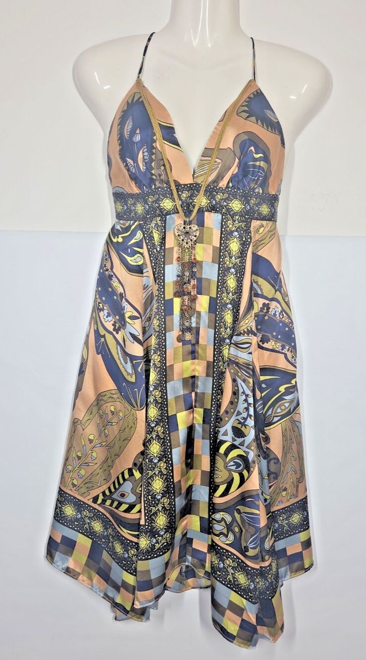 VINTAGE Patchwork Hankerchief Silk Slip Dress 4 Necklace Empire 90s Y2K Fairy